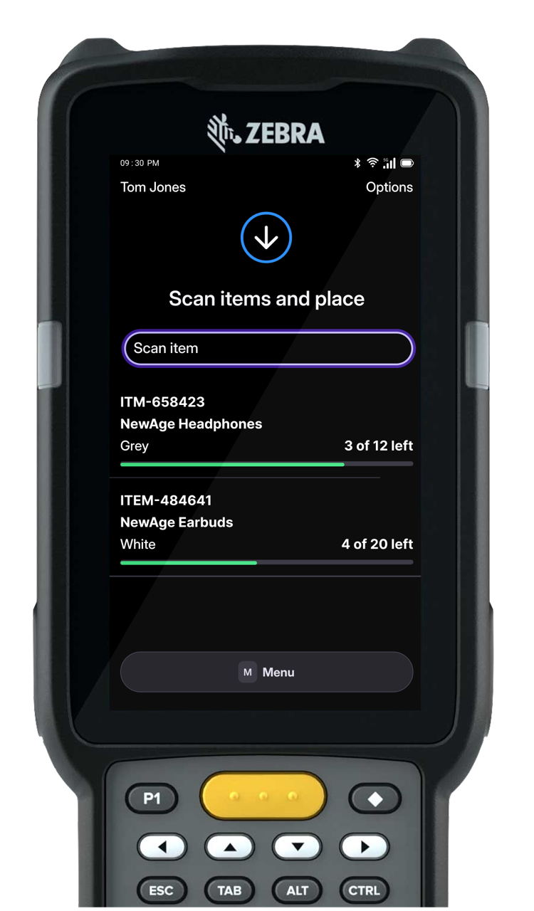 Skuno's mobile WMS interface running on a Zebra handheld device, showing a task to place multiple items into a bin.